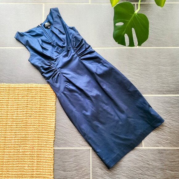 Adrianna Papell Taffeta Metallic Navy Blue Sleeveless Knee Length Evening Dress - Picture 6 of 13